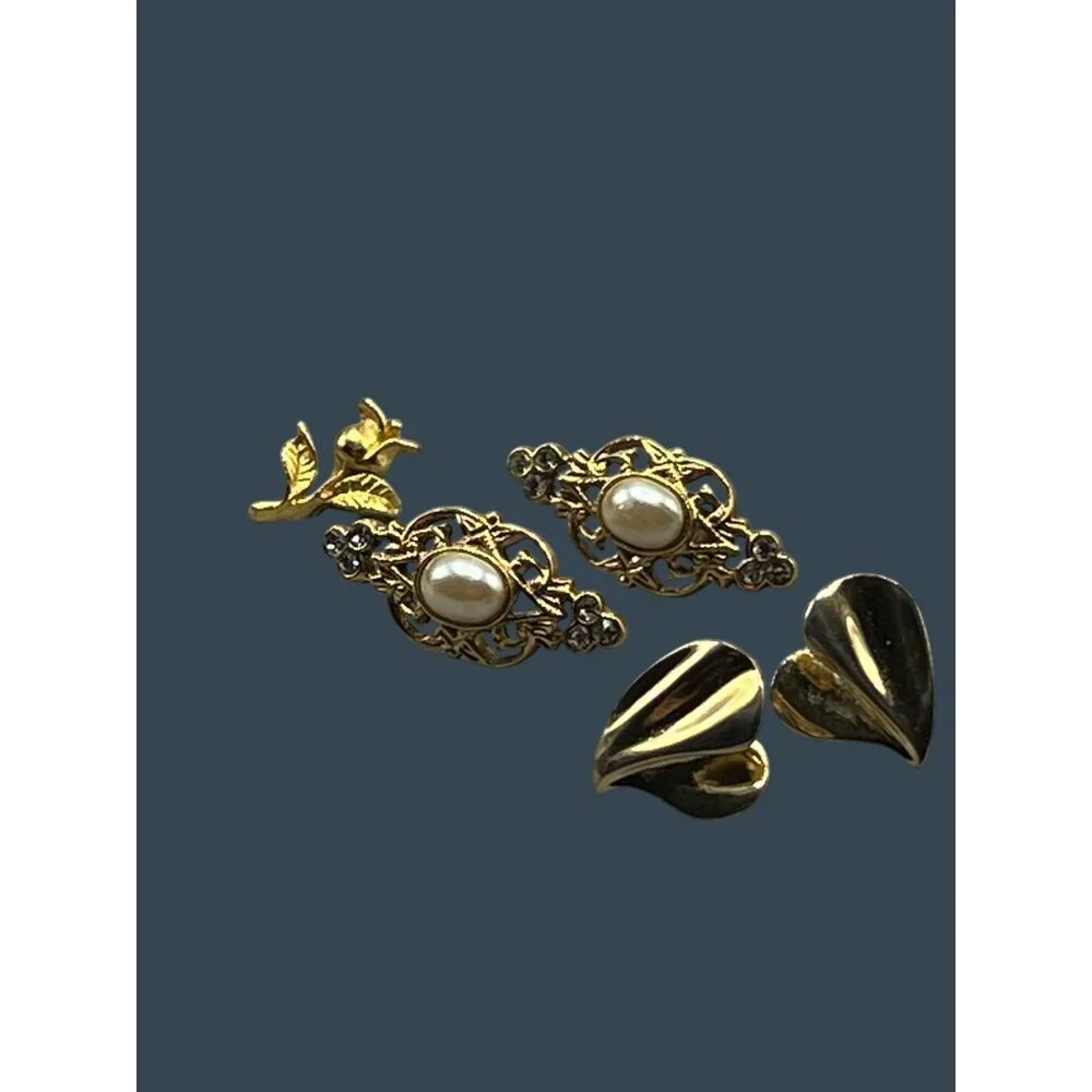 90s Gold-Tone & Pearl Earrings Set Rhinestones Floral Designs & Small Rose Pin - Picture 10 of 11